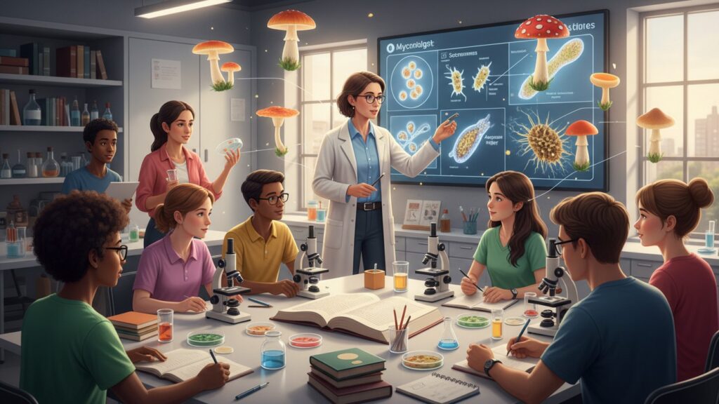 Illustration of a mycologist teaching students about fungi using microscopes, fungal slides, and 3D models of yeast and mold species in a classroom setting.