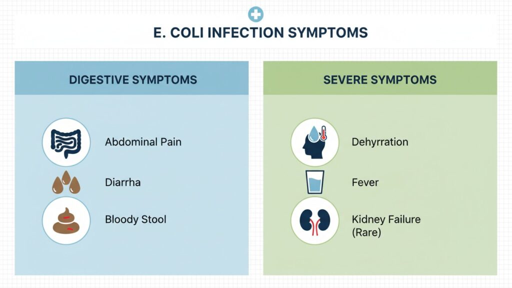 Symptoms of E. coli infection including diarrhea and abdominal pain