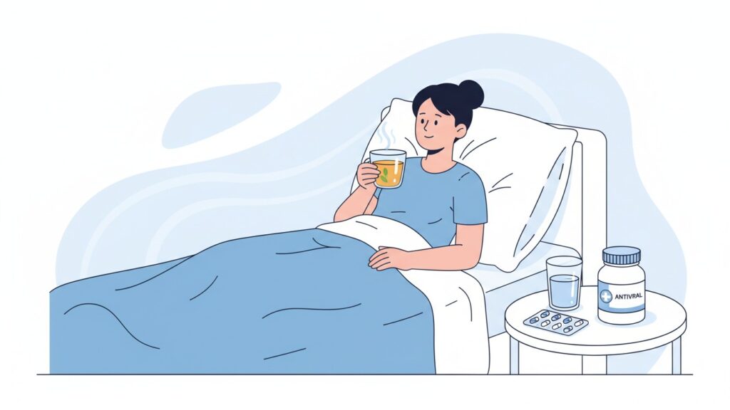 Healthcare illustration showing influenza treatment with a person resting, drinking fluids for hydration, and antiviral medications on a bedside table.