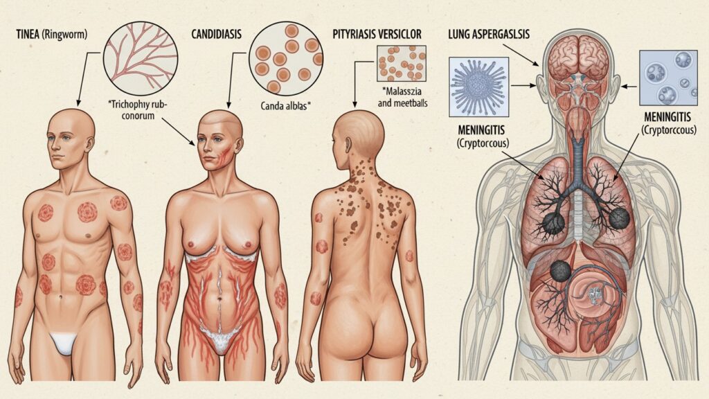 Medical illustration of common fungal infections including tinea, candidiasis, aspergillosis, and cryptococcosis on human models with labeled affected areas.