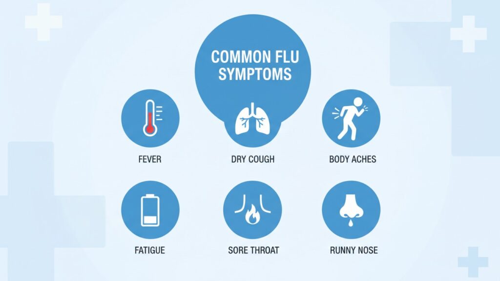 Medical infographic showing common influenza (flu) symptoms including fever, dry cough, body aches, fatigue, sore throat, and runny nose.