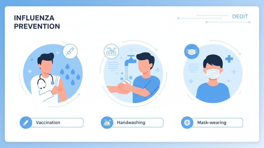 Medical infographic showing influenza prevention, including vaccination, handwashing, and wearing masks for public health protection.
