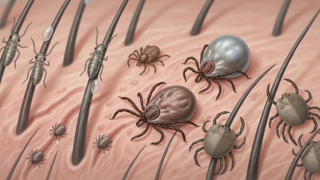 Illustration of ectoparasites including lice, ticks, scabies mites, and pubic lice on human skin