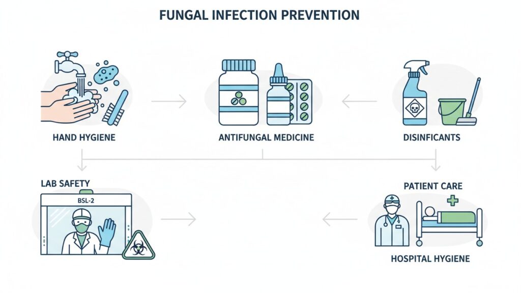 Educational illustration showing prevention of fungal infections with hygiene practices, lab safety equipment, antifungal medications, and disinfectants in hospitals.