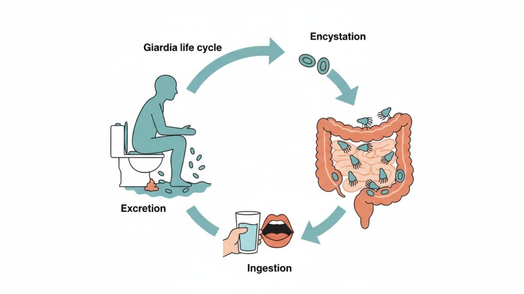 Diagram showing the direct life cycle of Giardia lamblia from cyst ingestion to trophozoite formation