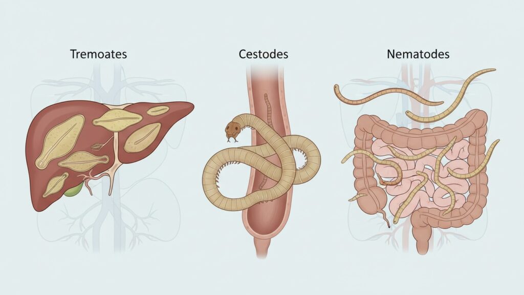 Illustration showing helminth types including trematodes, cestodes, and nematodes in human organs