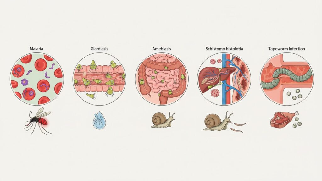 Collage of major parasitic diseases showing malaria, giardiasis, amebiasis, schistosomiasis, and tapeworm infections