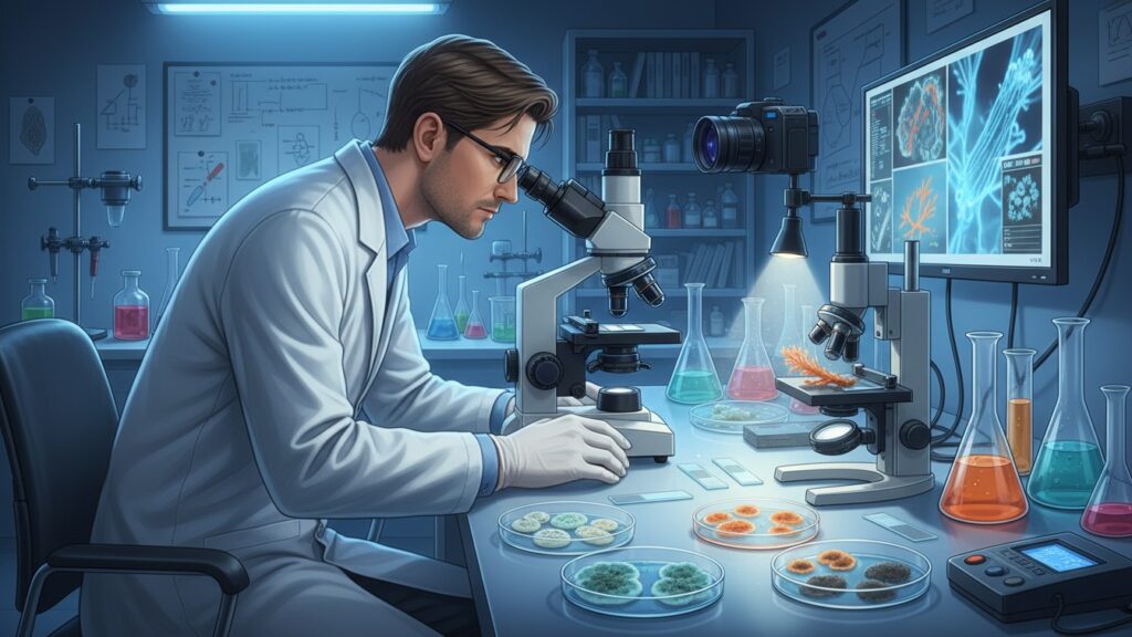 Professional laboratory scene showing a scientist studying fungal cultures under a microscope with petri dishes, lab equipment, and fungal colonies.