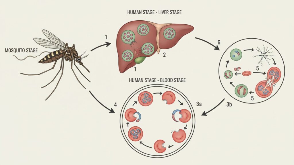 Illustration of the indirect life cycle of Plasmodium showing mosquito and human stages