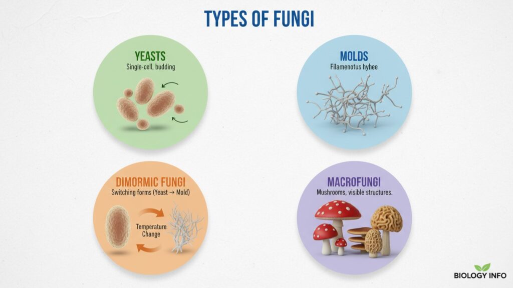 Infographic showing four major types of fungi: yeasts, molds, dimorphic fungi, and mushrooms with realistic 3D models and labels for educational purposes.