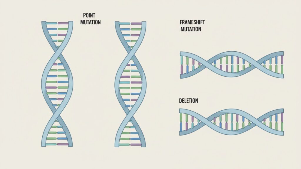 Illustration showing point mutation and frameshift mutation in a DNA sequence
